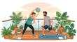 © Atelier d’Alya - A young couple performing exercise and fitness routines together on a balcony.