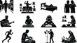 © Shahriar - Set of black silhouette showing people listening to music, playing instruments, dancing, and engaging in creative audio activities