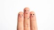 © Cheiraa - A heartwarming close-up of three human fingers, each with a hand-drawn smiling face, beautifully symbolizing the unbreakable bond of best friendship, togetherness, and joy on a bright white background