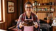 © Eduardo - Commercial lifestyle culinary portrait of a smiling traditional woman holding a freshly baked Brazilian carrot cake with glossy chocolate fudge frosting (bolo de cenoura com chocolate) inside a warm r