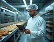 © Vadym - Baker in uniform checks recipes on tablet. Man works in production line at food factory. Chef manages baking process using modern tech device in bakery.