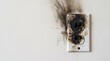 © sallu - Burnt electrical outlet on a white wall, showing damage from an electrical fire or short circuit, a dangerous household hazard