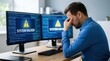 © SunSpirit - A frustrated man experiences a ransomware cyber attack with personal files encrypted on his screens.