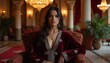 © Vadym - Beautiful young woman wears red velvet kaftan with silver embroidery sitting in luxury lounge room. Elegant lady posing on chair inside Moroccan hotel interior with gold chandeliers, palm plants.