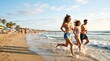 © velikiyzayats - Three young adult friends running along the beach at sunset, enjoying summer vacation, active lifestyle, freedom, happiness, and friendship concept, outdoor lifestyle