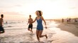 © velikiyzayats - Happy young woman running on beach at sunset, carefree female enjoying summer vacation, active lifestyle concept, joyful friends playing in ocean water, golden hour travel photography