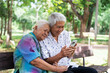 © Father_Studio - Sunlit park bench holds a smiling elderly couple. They share a quiet moment, looking at a smartphone together. Their joy radiates in gentle, peaceful expressions. Green trees frame their relaxed.