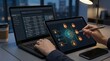 © Ming - Person working on laptop and tablet at night, managing artificial intelligence security network with locked nodes, cyber defense system and data protection workflow.