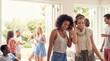 © Morrina - Two young friends are sharing headphones and dancing at a summer house party, enjoying music and friendship for lifestyle marketing
