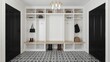 © LimeSky - A foyer mudroom featuring white shelves, a light wood bench, black patterned tiles, black doors, and a gold chandelier above.