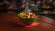 © LimeSky - A common Indonesian meal, kornet sapi (corned beef soup), features diced beef with potatoes and tomatoes cooked together. Presented in a green bowl with a red batik napkin on a wooden table.