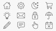 © Tinok - Elegant Minimalist Black and White Line Icons Set Featuring Home Gear Moon Shopping Cart Lightbulb Envelope Lock Umbrella Pencil Speech Bubble Finger Gesture Calendar