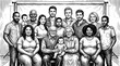© Black - Black and White Sketch of a Multi-Generational Diverse Family Posing for a Large Group Portrait