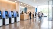 © CuteBee - Soft focus view of bank lobby with customers in line at service counter and automated teller machines for financial banking services in professional office environment
