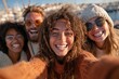 © Alexei - Group of four friends smiling and posing for a selfie at a marina with boats in the background, wearing cozy sweaters and sunglasses in a sunny outdoor setting