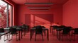 © Tanver0077 - Modern Red Classroom Interior with Empty Student Desks and Whiteboard