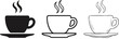 © Drow Dx - Steaming cup of coffee icon set in different artistic variations with beverage caffeine breakfast silhouette illustration