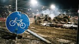 Monster Truck Mayhem: A thrilling spectacle unfolds as monster trucks dominate a dirt arena, crushing cars under their massive wheels amidst a roaring crowd and stadium lights.