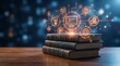 © Design Store - Stack of old books on wooden table with glowing digital network of icons representing technology and knowledge, abstract background with bokeh lights, concept of learning.