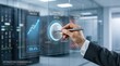 © Lin - Businessman using futuristic holographic interface for system optimization, quality index analysis and operational cost reduction in modern server room environment with digital ...