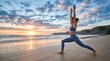 © arina - Athletic Woman Practicing Yoga Warrior Pose on a Serene Beach at Sunset, Emphasizing Wellness and Mindful Living