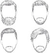 © StockMingle - Conjunto de retratos masculinos dibujados a mano con varios peinados modernos y estilos de barba para branding de barbería