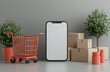 © Md - Smartphone with shopping cart, boxes, and plants on gray background, cardboard boxes