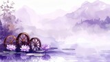 Tranquil Purple Watercolor Landscape featuring Water Wheels, Lotus Flowers and Misty Mountains with Ample Copy Space