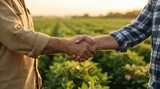 Partnership and agreement on an agro farm with farmers collaborating for sustainable support through a handshake symbolizing growth, trust, and teamwork.