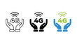© TARU STOCKPLC - Hands holding 4G icon set representing wireless network connectivity and mobile data coverage in three distinct graphic styles for telecommunication and tech industry marketing