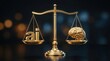 © Pinit - Ethical and legal considerations in AI development represented by golden scales, human brain, and AI symbol.