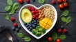 © Pinit - Healthy heart diet concept featuring a heart-shaped bowl of nutritious fruits, vegetables, and grains.
