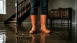 © Funster - Person in orange rubber boots wading through murky floodwater inside a flooded house.