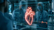 © Thushan - A digital overlay of a glowing wireframe human heart with vital sign telemetry monitoring screens, viewed in a high-tech operating room with surgical staff in the background.