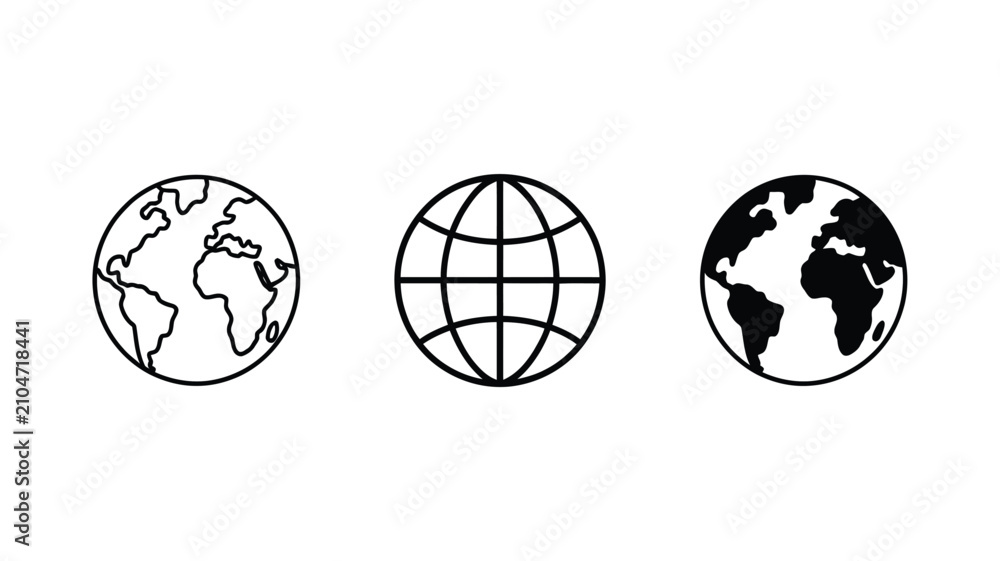 Vector de Stock Globe earth icon set featuring outline world map grid ...