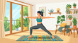© Gabriel Bayer - Woman practicing yoga warrior pose in a bright sunlit room with plants and balcony view