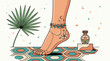 © LeNo - Illustrazione stilizzata di un piede femminile con cavigliera floreale, tatuaggi e una bottiglia di profumo su un tappeto decorato.