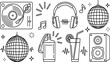 © Motahar - Nightclub music and party lifestyle vector elements set featuring dj turntable headphones disco ball loudspeaker cocktail and spray bottle