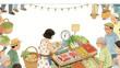© san - Vibrant Watercolor Illustration of a Bustling Market Scene with Fresh Produce and Community