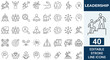 © Kingko - Leadership Line Icon Set. 40 Editable Stroke Icons of Business Team Management, Corporate Strategy, Success Mentor, Goal Target, Presentation, Collaboration, and Motivation, Vector Symbols.