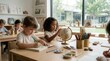 © Iam Ironman - Diverse children writing and exploring a globe in a bright, modern classroom during a back to school lesson.
