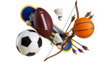 Sports equipment collection soccer ball basketball American football skateboard bow and arrows, shuttlecocks