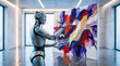 © Hassaan - Humanoid robot painting abstract art. AI machine creating colorful digital masterpiece on canvas.