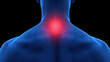 © AMELLIA - 3D render of a human neck with glowing red pain point on black background, medical concept