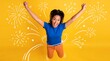 © Aurora Aesthetics - celebration success woman joy jumping freedom yellow fireworks excitement victory Ecstatic adult leaps with raised arms amid bursts expressing achievement and optimism for milestone campaigns