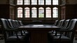 © Bocchi - arbitration. A solemn arbitration chamber with empty chairs surrounding a central illuminated table. wellbeing guides, coaching materials, designed for coaching and self-improvement content.