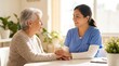 © ryker - nurse elderly woman in conversation with a caregiver in a medical setting, focusing on senior health care and support with a warm, caring interaction