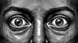 © Mono - A close-up, highly stylized, black and white woodcut illustration of wide-open human eyes with an intense, surprised, or fearful expression.