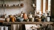 © Wattana - A pottery workshop with various ceramic pieces on a wooden table.