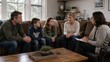 © Natallia Simanchyk - A family of four sits on a living room couch during an in-home consultation with a professional woman taking notes.
